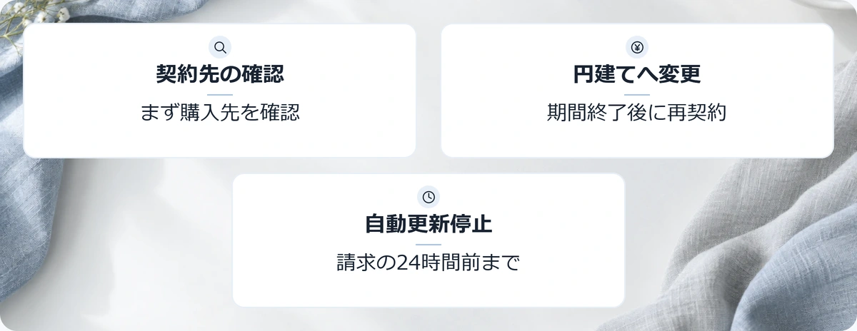 契約先の確認・円建てへの変更・自動更新停止の要点