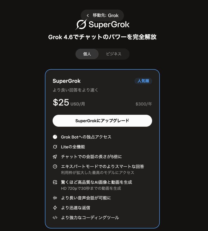Grok公式の年払い画面でSuperGrok年300ドル、月換算25ドルを表示